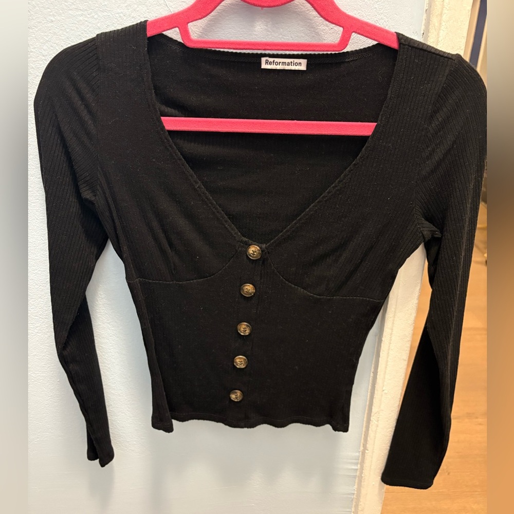 Reformation Black Buttoned V-Neck Top